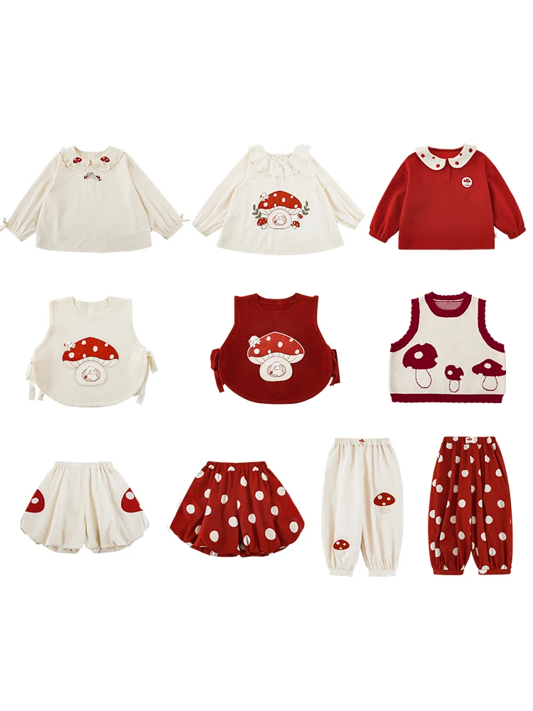 Girls\' New Mushroom Print Flip Collar Shirt Children Vest Sets