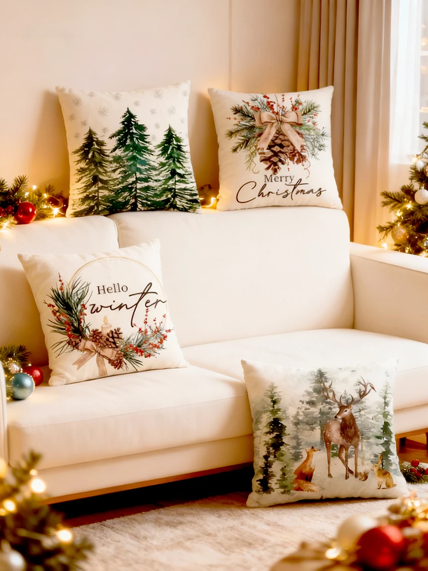 

Christmas Pillow Cover Pack of 4 with Winter Tree - Cozy Holiday Decor for Living Room Sofa & Bedroom