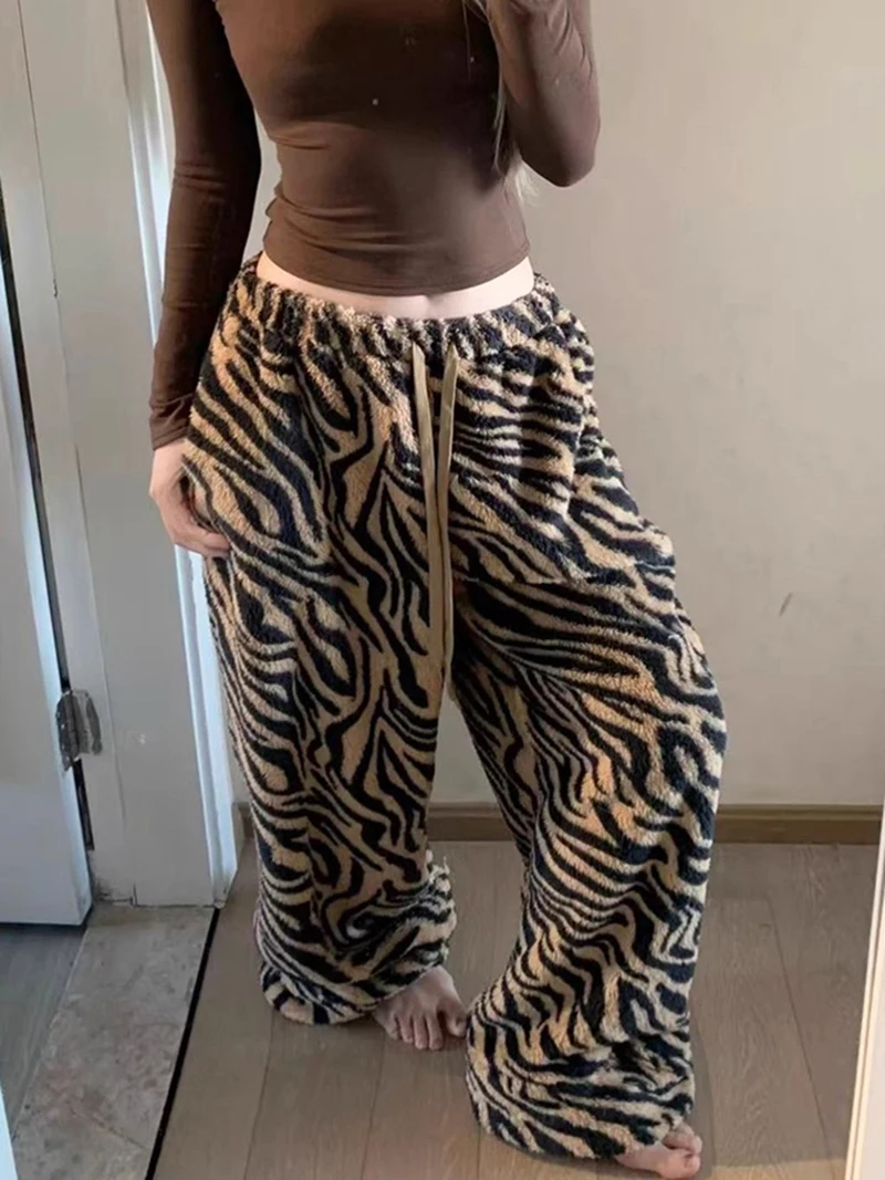 American Retro Leopard Print Pants for Women 2026 New Patchwork Drawstring Casual Pants Winter Thick Warm Straight Leg Trousers