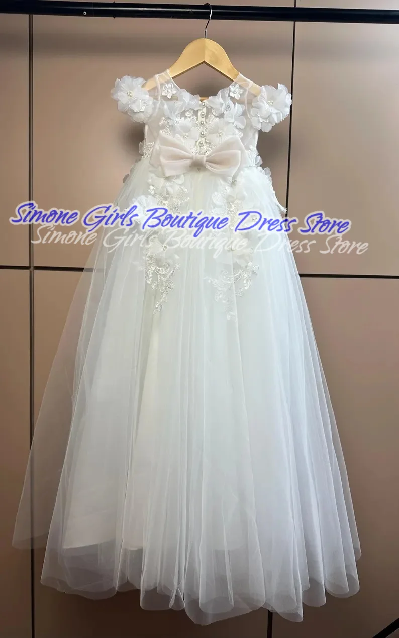 Flor pérola decoração branco vestido de princesa vestidos da menina de flor para cerimônias de casamento celebração do feriado recepções formais