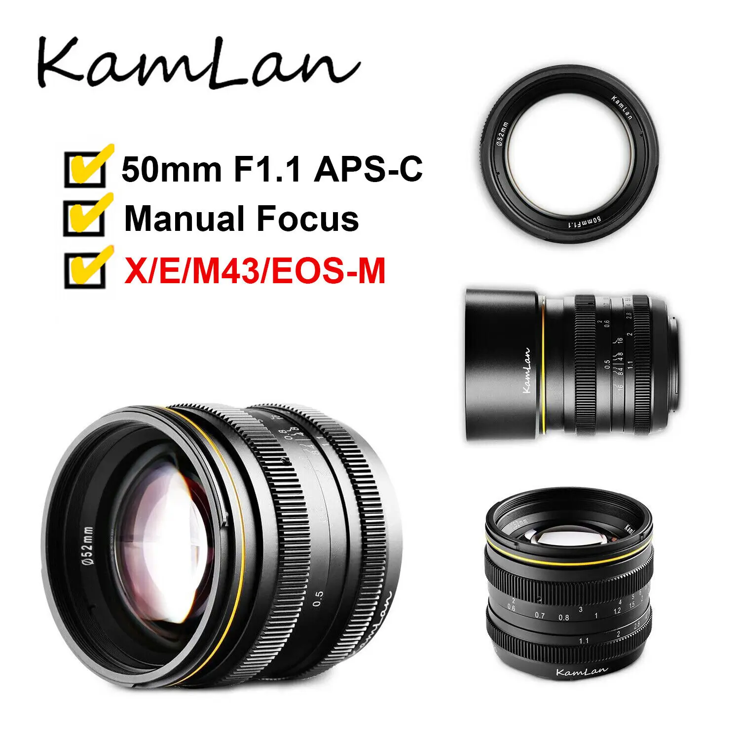 Kamlan 50mm f1.1 APS-C Large Aperture Manual Focus Lens for Canon EOS-M SONY E-Mount Fuji X M4/3 Mirrorless Cameras