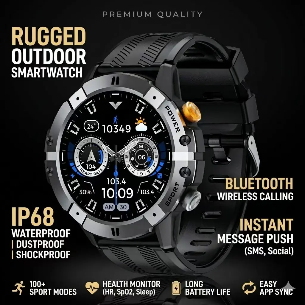

Mother's Day Special: Stylish Rugged Smartwatch - All-in-One Health Monitor (Heart Rate, SpO2, Sleep), Wireless Sync, Dustproof