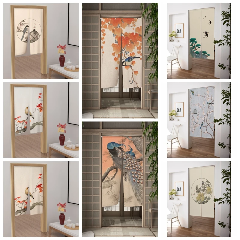 Chinese Style Flower Birds Door Curtain Japanese Noren Doorway Curtains Ink Painting Print For Kitchen Bedroom Partition Curtain