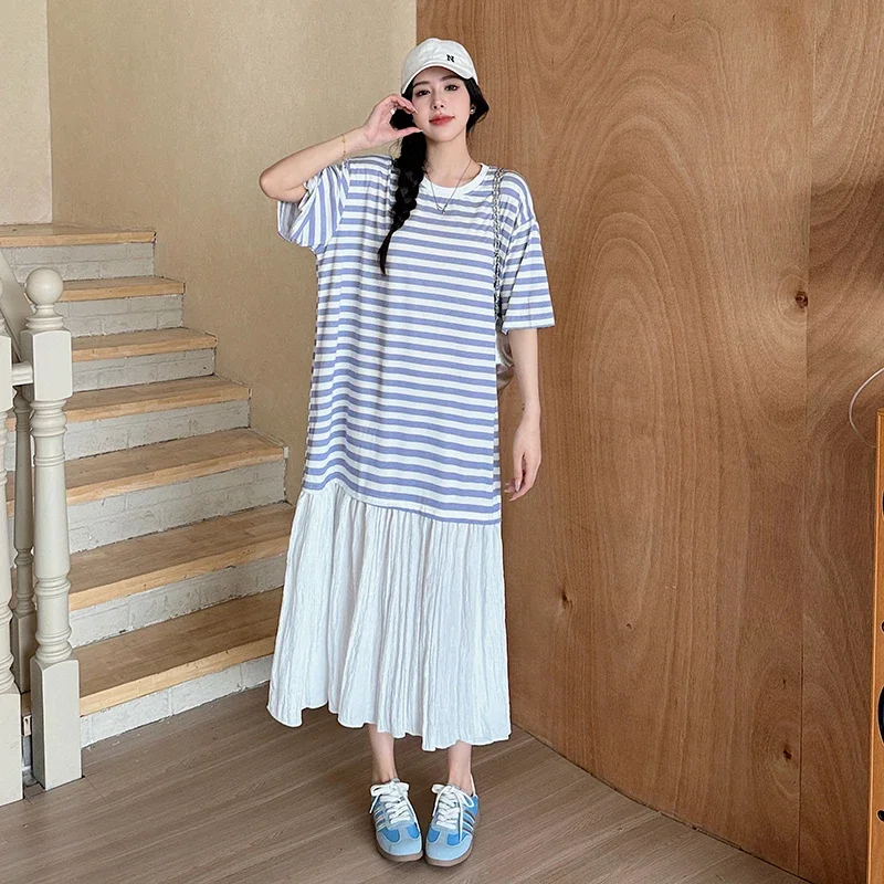 

2024 Summer New Korea Woman Dress Vestidos Robe Elbise Loose Plus Size Short Sleeve Stripe Patchwork White Hem Long Dresses