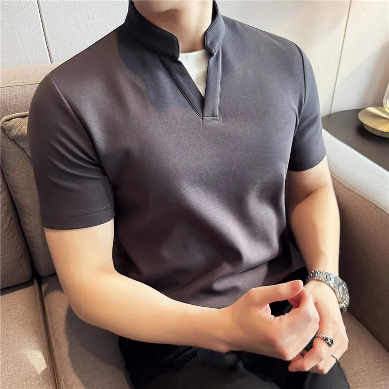 Summer Chinese Style Stand Up Collar Fake Two Piece Polo Shirts Men's Fashion Splice Breathable Casual  Short Sleeved T-shirt