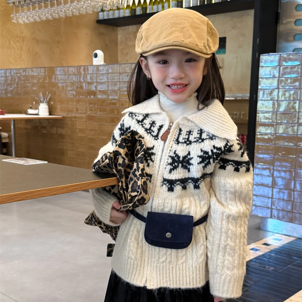 Ropa para niños, abrigo para niñas, otoño 2025, nuevo cárdigan con cuello coreano, suéter, Top dulce para niñas