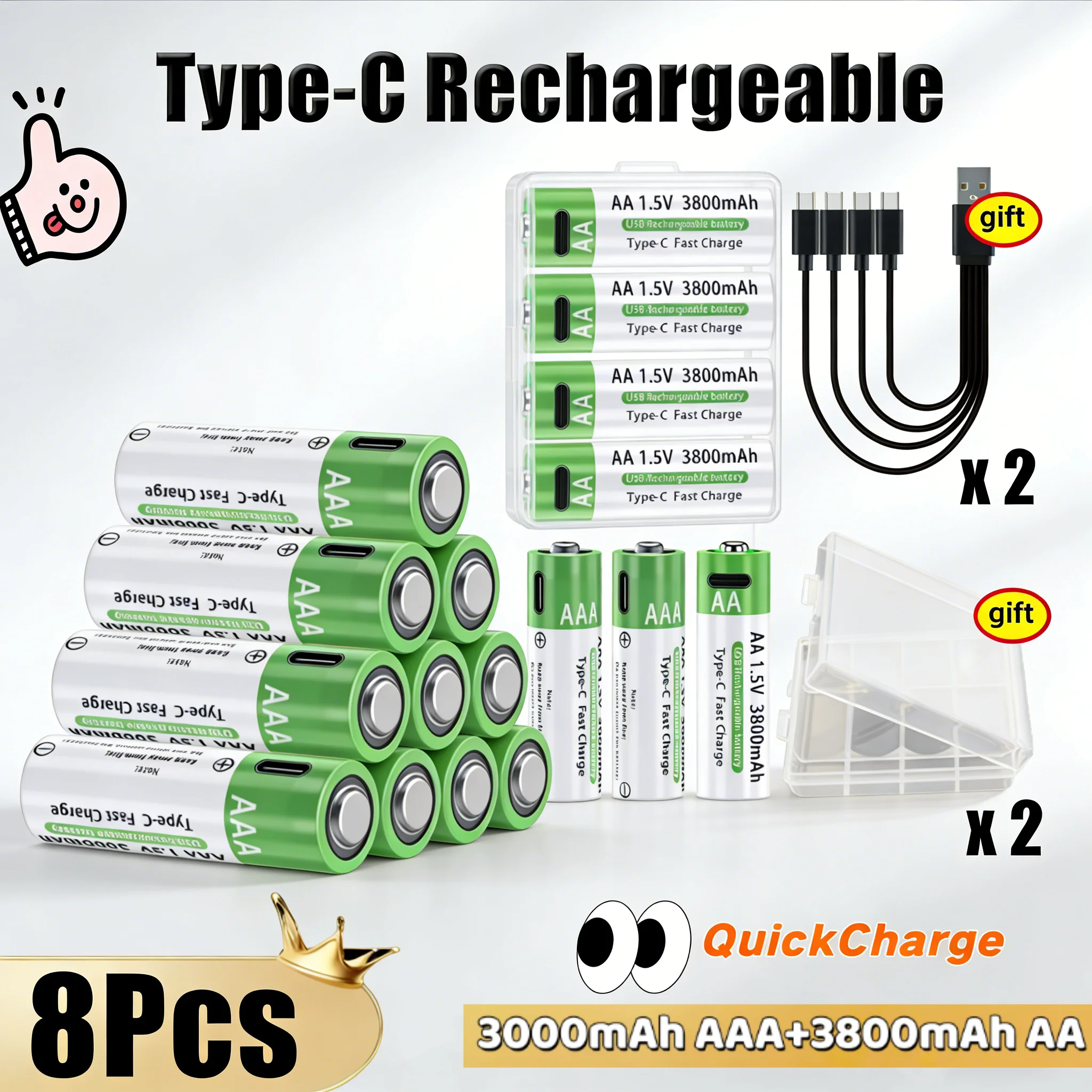 Hotsale Quick Charge Lithium-ion Battery 3800mAh AA +3000mAh AAA Type-C Rechargeable Battery for Remote Control Mouse Toys