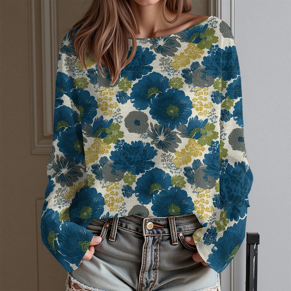 Vintage bloemen T-shirt damesblouse met lange mouwen en kleurrijk bloeipatroon Dagelijkse mode-tops voor herfst-winterlaag