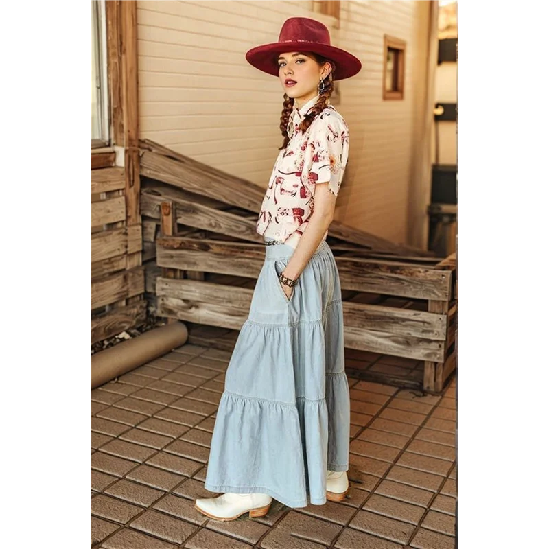 

ABRT-Women's Long Jean Denim Tiered Button Down High Waisted Maxi Skirts