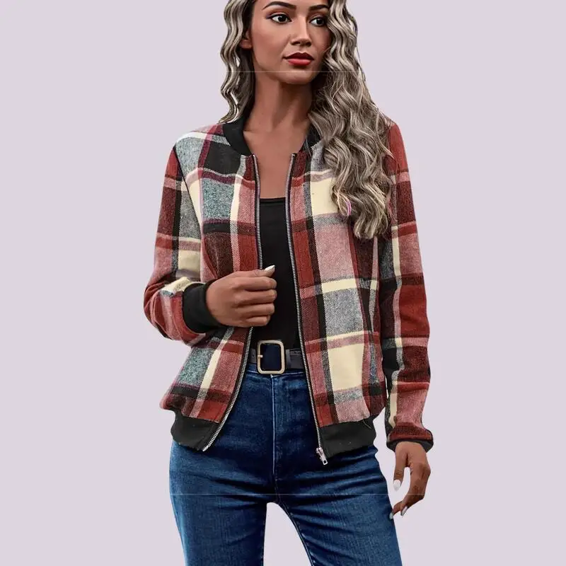 

Hot 2026 New Spring Autumn Women Fashion European American Tshirt Jacket Tops Casual Versatile Checkered Long Sleeve Zippercoat