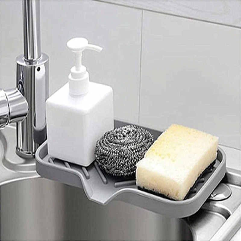 Self Draining Soap Bar Holder Silicone Kitchen Sink Soap Dish Sponge Tray Counter Caddy Organizer for Dish Soap Dispenser