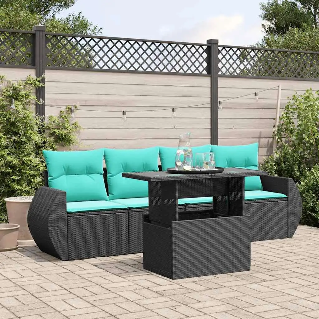 

5 Piece Outdoor Patio Sofa Set with Soft Cushions Stylish Black Poly Rattan Furniture for Garden and Balcony Decor