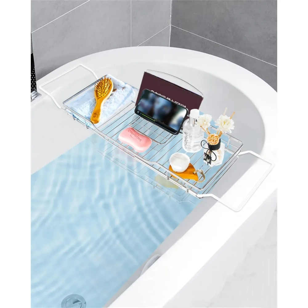 

Adjustable Tub Rack, 304 Stainless Steel Bathroom Tray, Multi-Function Organizer for Tablet & Phone