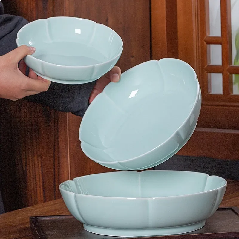 Jingdezhen Underglaze Celadon Scalloped Deep Plate Plum Blossom Bowl New Chinese Creative Hotel Restaurant Kitchen Tableware