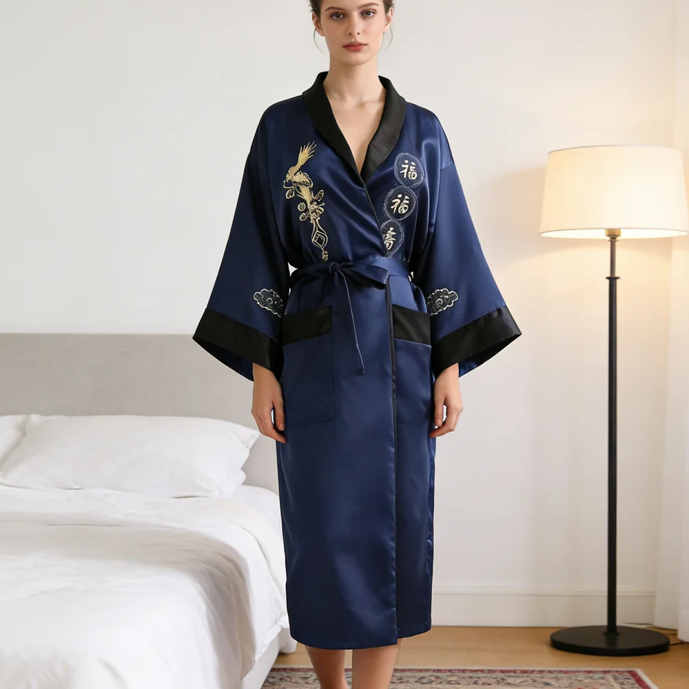 Novelty Reversible Black Red Women Kimono Yukata Satin Embroidery Dragon Nightgown One Size Robe Gown Two Side Sleepwear