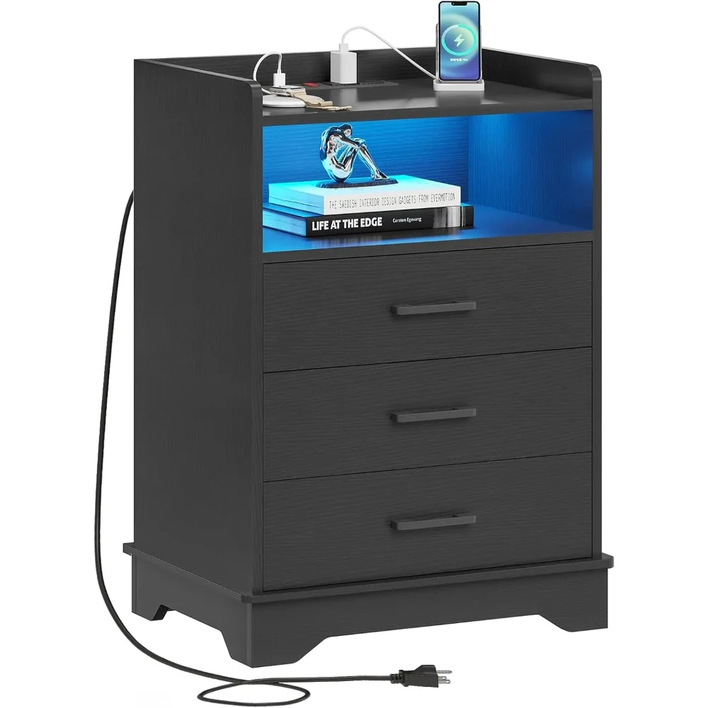 

Nightstand with Charging Station and LED Lights, Modern End Table with 3 Drawers and Open Storage