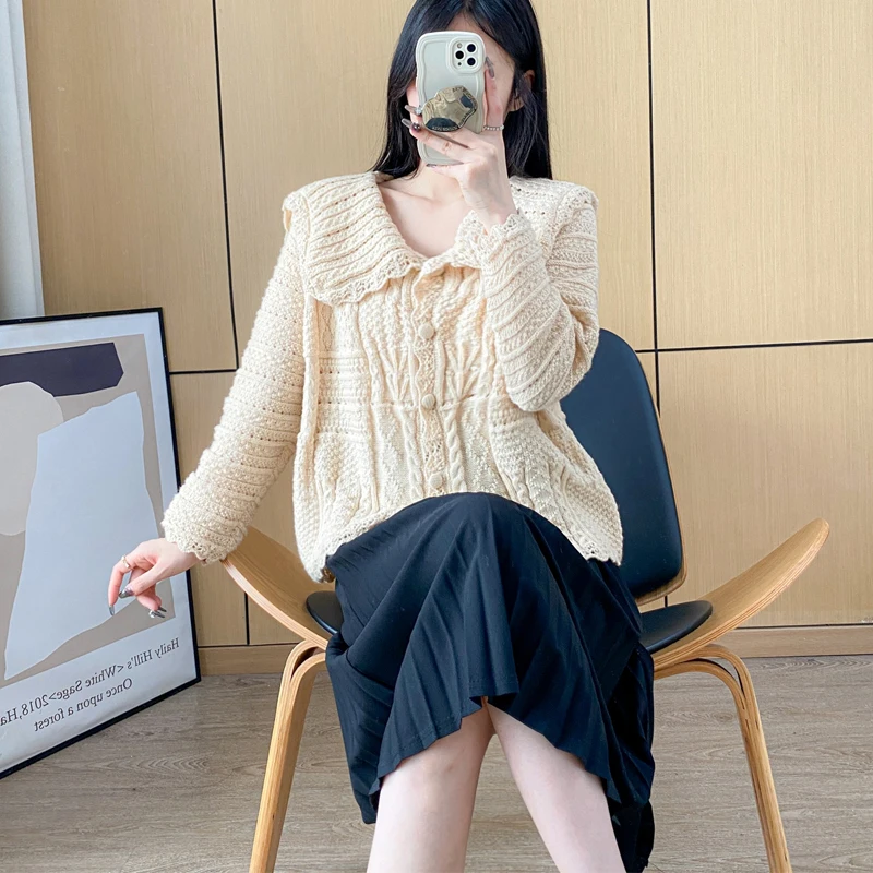 

Мягкий уютный вязаный свитер с кукольным воротником, женский весенне-осенний свободный утягивающий кардиган с крючком и цветочным узором, смесь хлопка