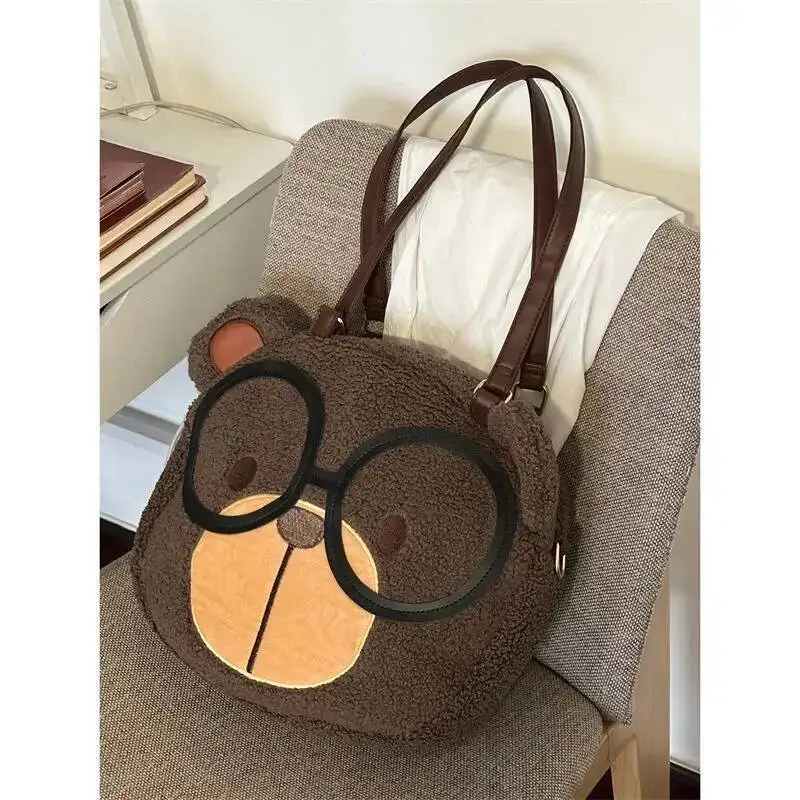 Bloom Plush Bear Brown Shoulder Women Haruku Aesthetic Large Capacity Cacsual Handbag Ladies Retro Cute Crossbody Bags