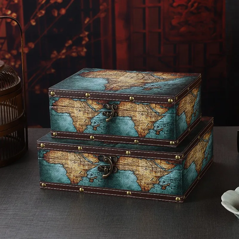 Large Capacity Vintage Wooden Storage Box Green Map Simulation Antique Jewelry Box for Home Use Document Miscellaneous Items ...
