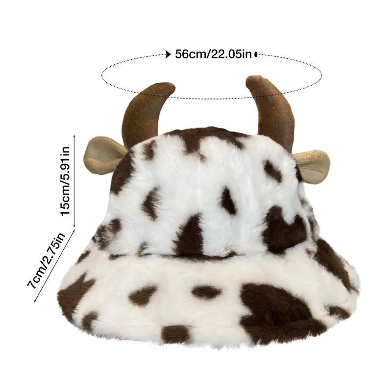 Cow Bucket Hat Soft Plush Cow Print Bucket Hat with Cute Horn Winter Fluffy Plush Fisherman Cap Warm Outdoor for Men Women