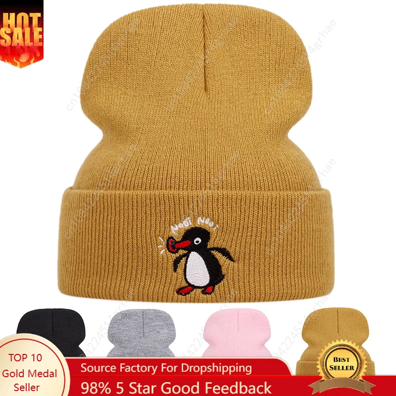

Cute penguin embroidered knitted hats for men and women, autumn and winter outdoor warm sports event woolen hats, bean hats
