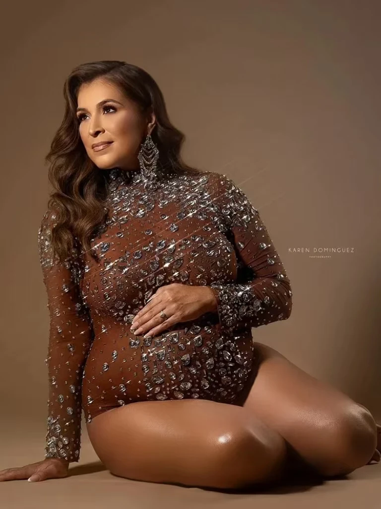 Stetchy Handgemaakte Strass Moederschap Bodysuit Voor Fotoshoot Kristallen Volle Mouw Zwangere Vrouw Fotografie Outfit 2024