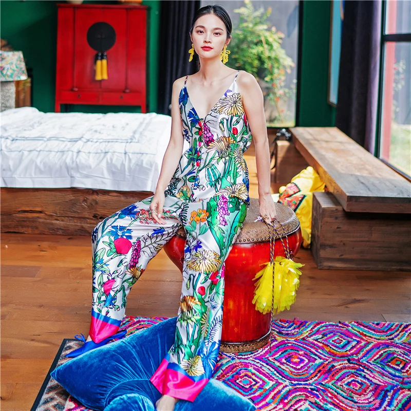 Design original de cetim de seda gelada com decote em V profundo Ne Macacão com estampa de floresta tropical Calças largas de cintura alta Calças compridas de poliéster...