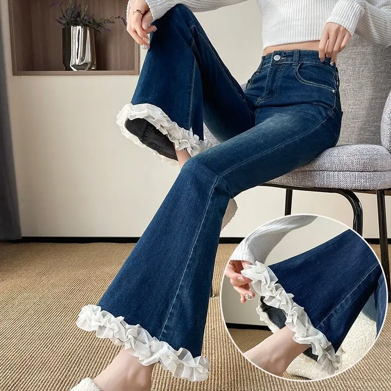 Lace Slightly Pulled Jeans Women's Small Nine Points 2026 New High-waisted Slim-fitting Lace Flared Pants