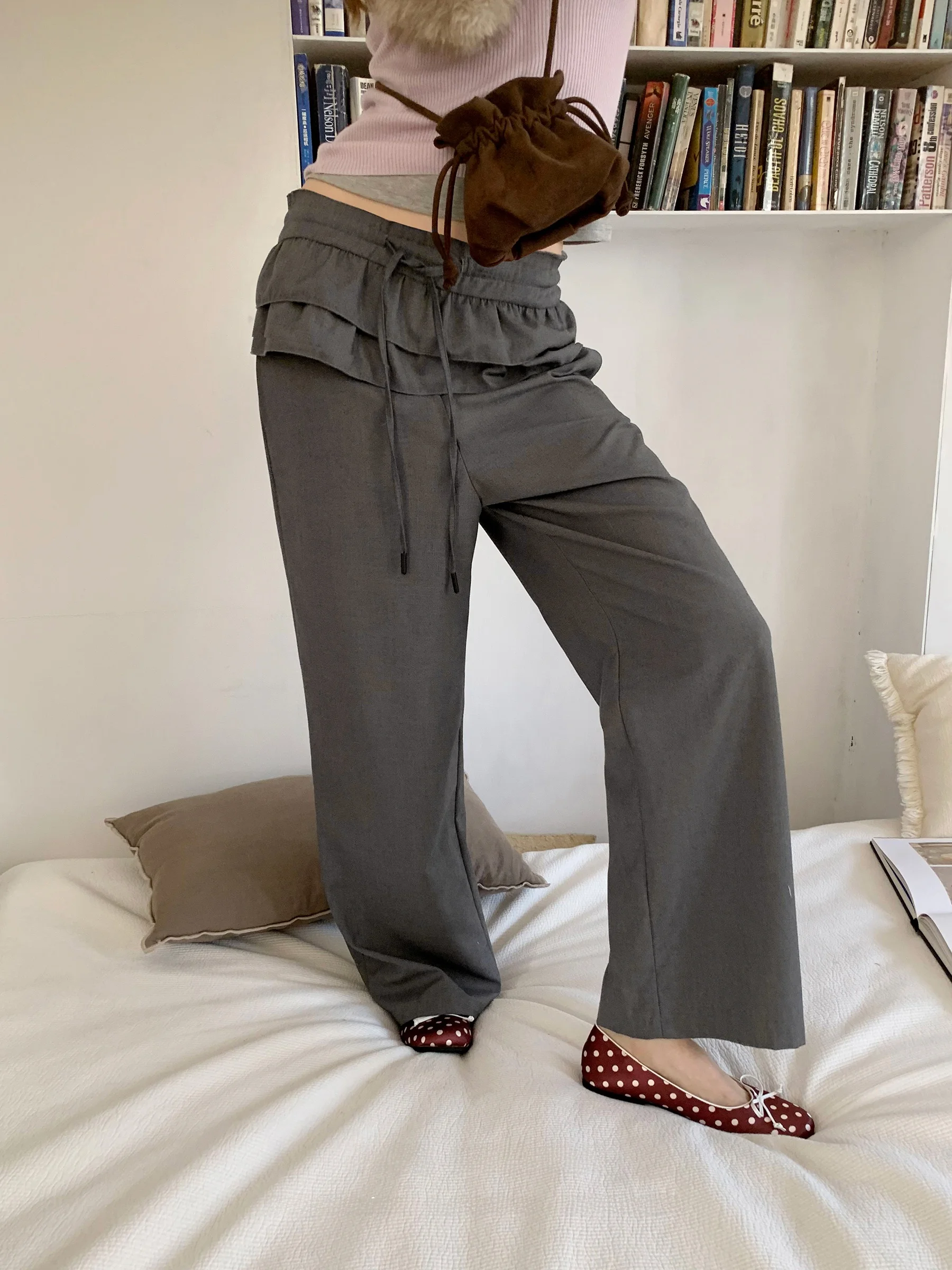 

JDE Design Sensation Casual Pants Women's Spring Commute High Waist Straight Leg Loose Fit Suit Pants Korean Sle Pure Color