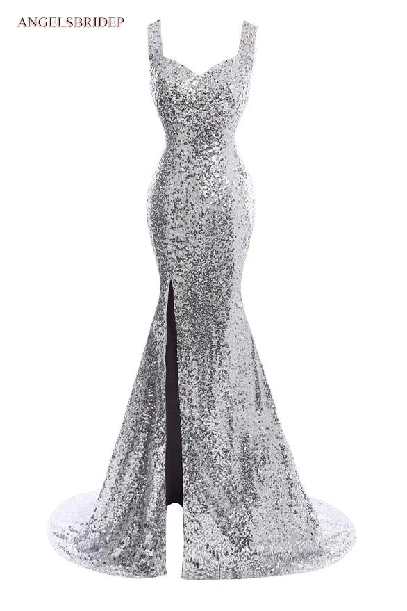 

ANGELSBRIDEP Silver Mermaid Prom Dress Sexy See-Through Back Sparkly Sequined Side Split Court Train Formal Evening Party Gown