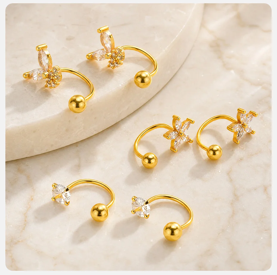 Vnox Vergoldete Elegante Schmetterlings-Stern-Zirkonia-Schraubkugel-C-förmige Ohrringe für Damen, Trendige Ohrringe, Alltagsschmuck, Party-Schmuck, Geschenk – Detail 7