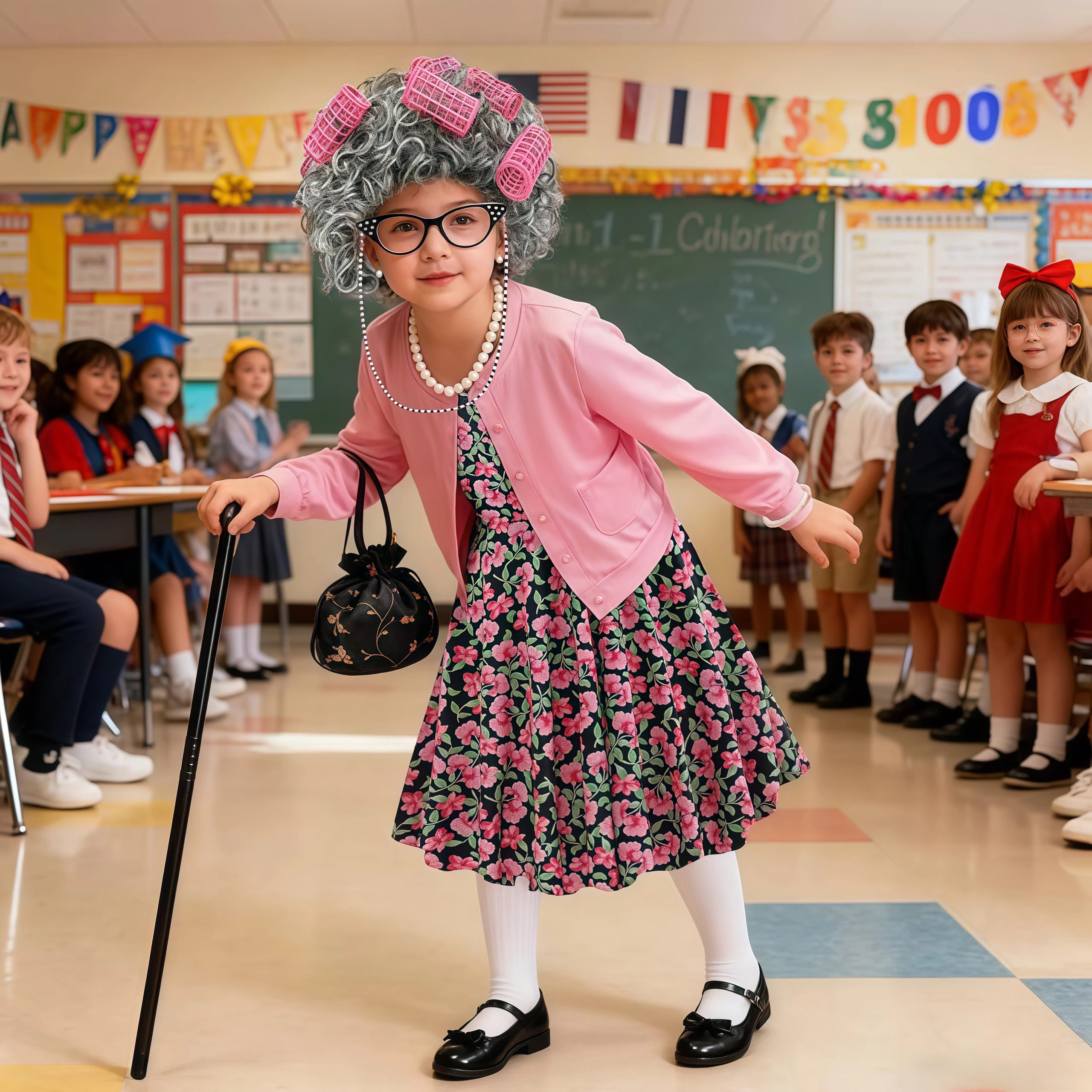 Children Granny Old Lady Costume Kids Girls 100 Day Of School Dress Up Grandma Grey Wig Granny Glasses Carnival Cosplay Costume