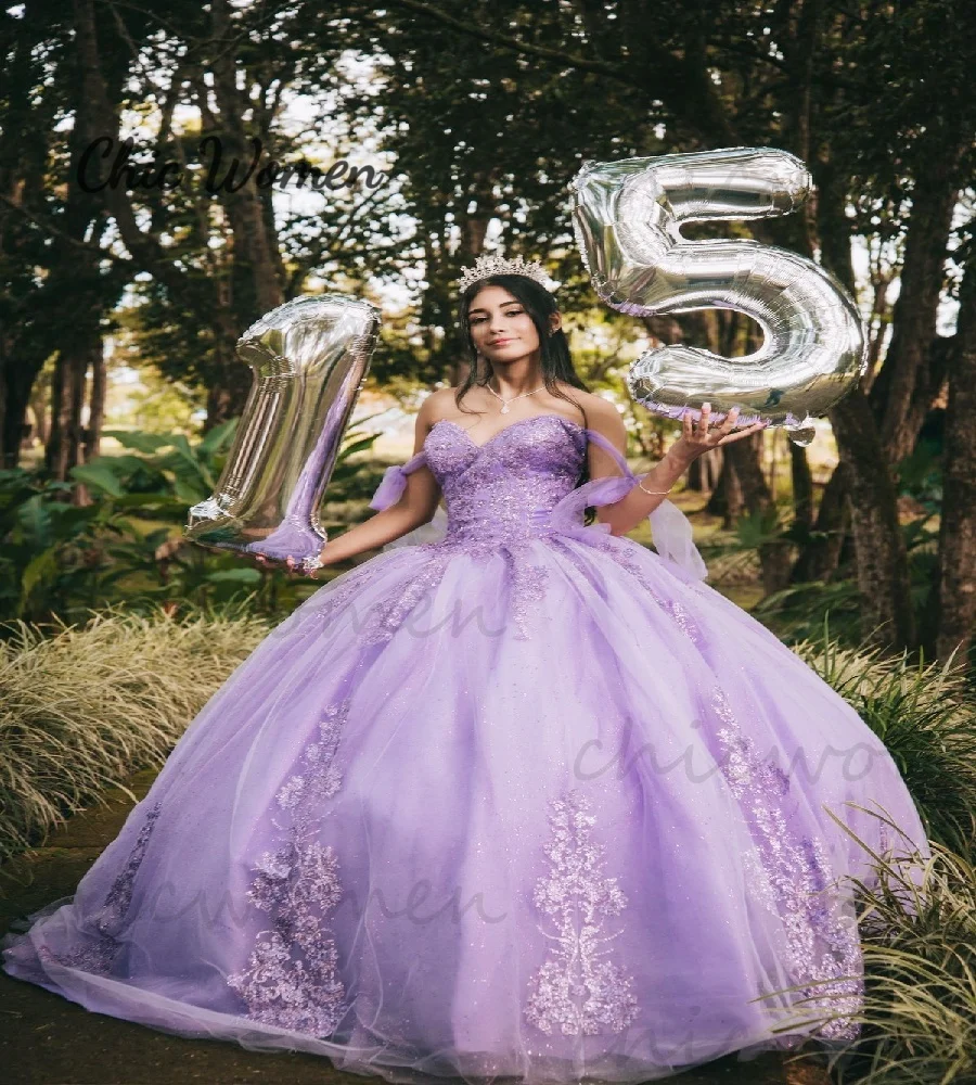 Vestidos De quinceañera lila De lujo con encaje, apliques brillantes, Vestidos De Xv Años, vestido De baile De tul, fiesta De cumpleaños personalizada