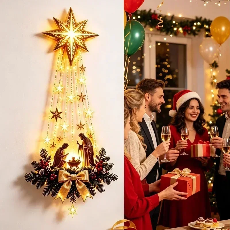 Christmas Bethlehem Star of Faith Lighted// Nativity Wall Decor Glowing Christmas Hanging Ornament LED Lights Indoor Decor Party - view 3