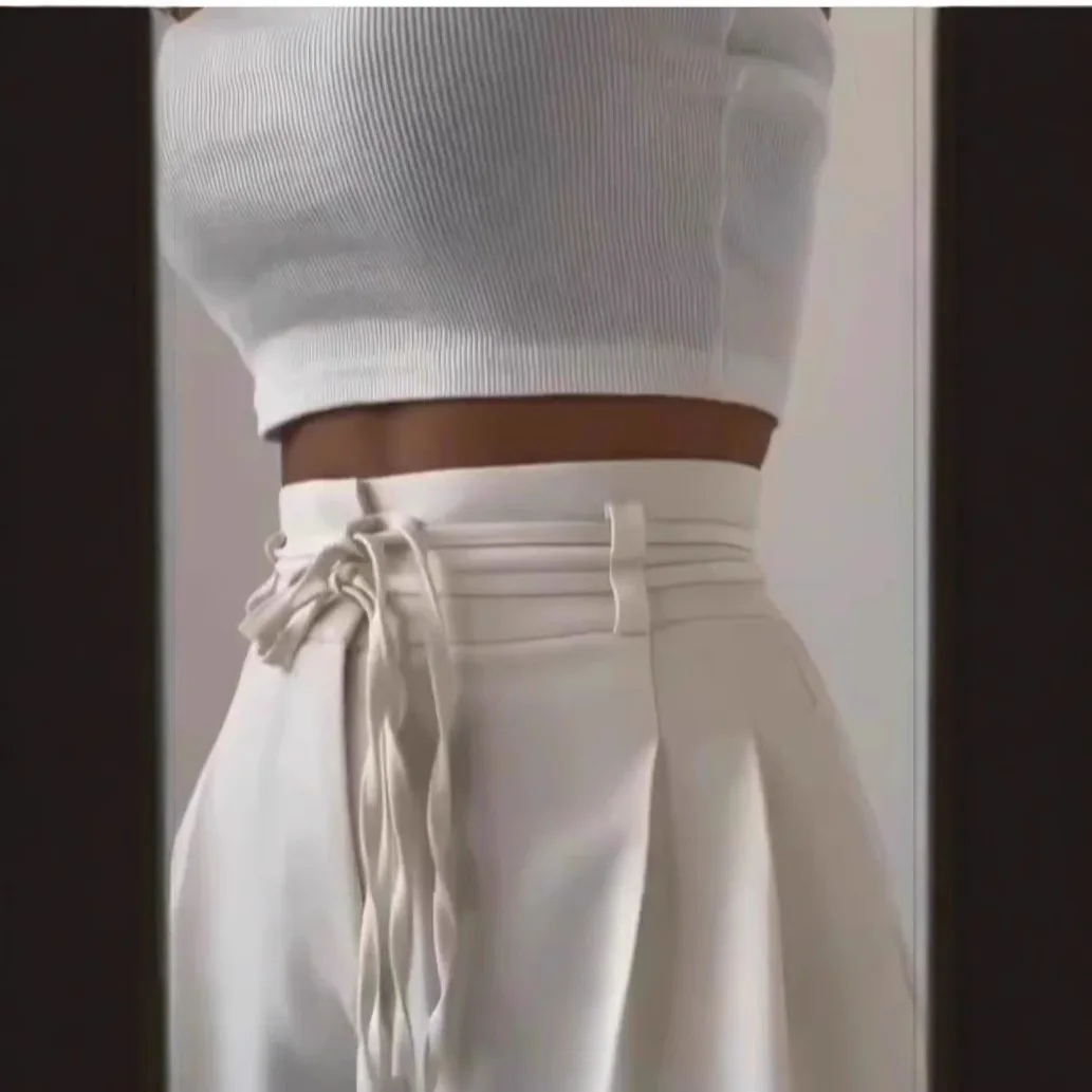 High Waist Pant Women Casual Wide Leg Pants Pockets Lace Up Y2k Streetwear Floor Length Trousers Summer Office Lady Elegant