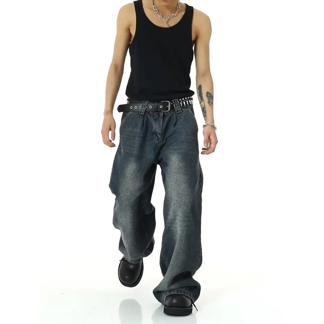 Vintage American Style Straight-Leg Denim Pants Men's Trendy  High Street Washing Big Size Loose Fit Casual Wide-Leg Trous