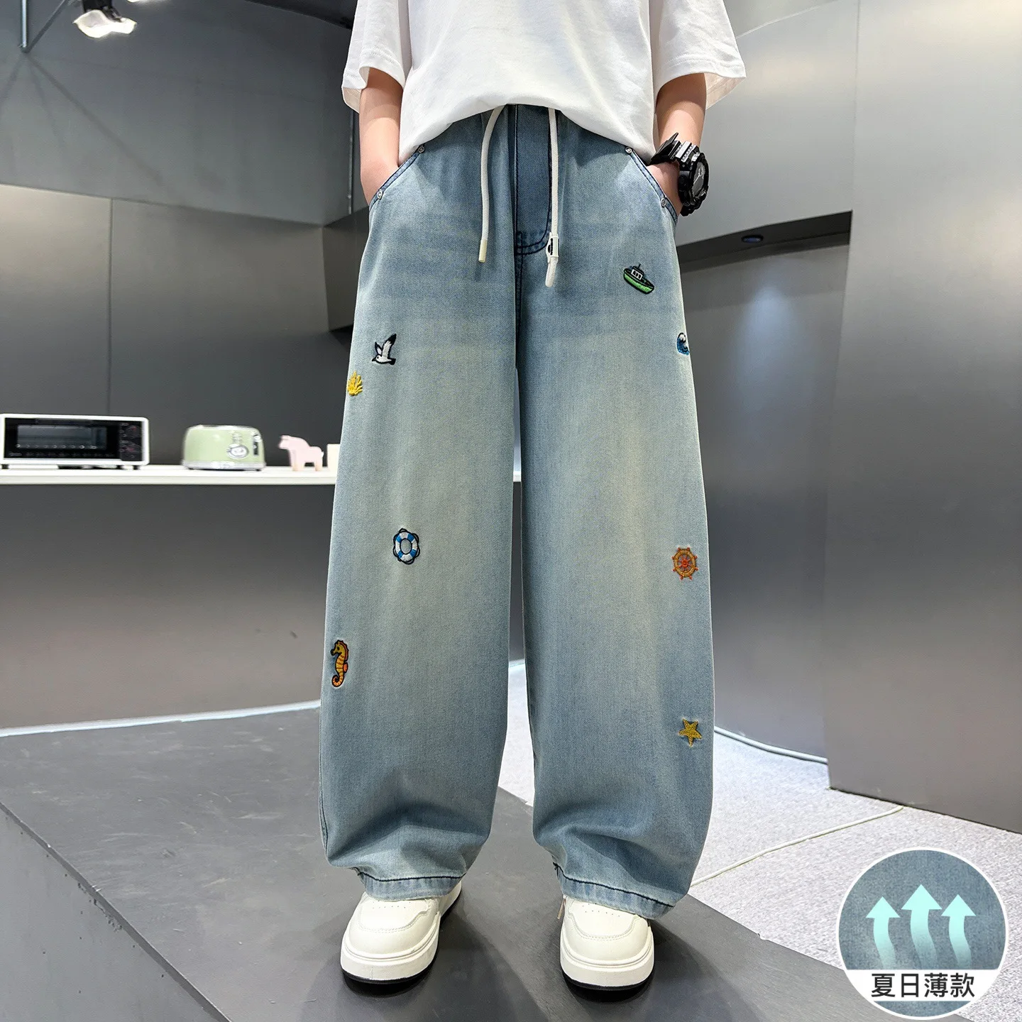 Teen Boys Denim Pants Summer thin New Embroidery Wide Leg Jeans For 5 6 8 10 12 14 Years Children Stylish Trousers