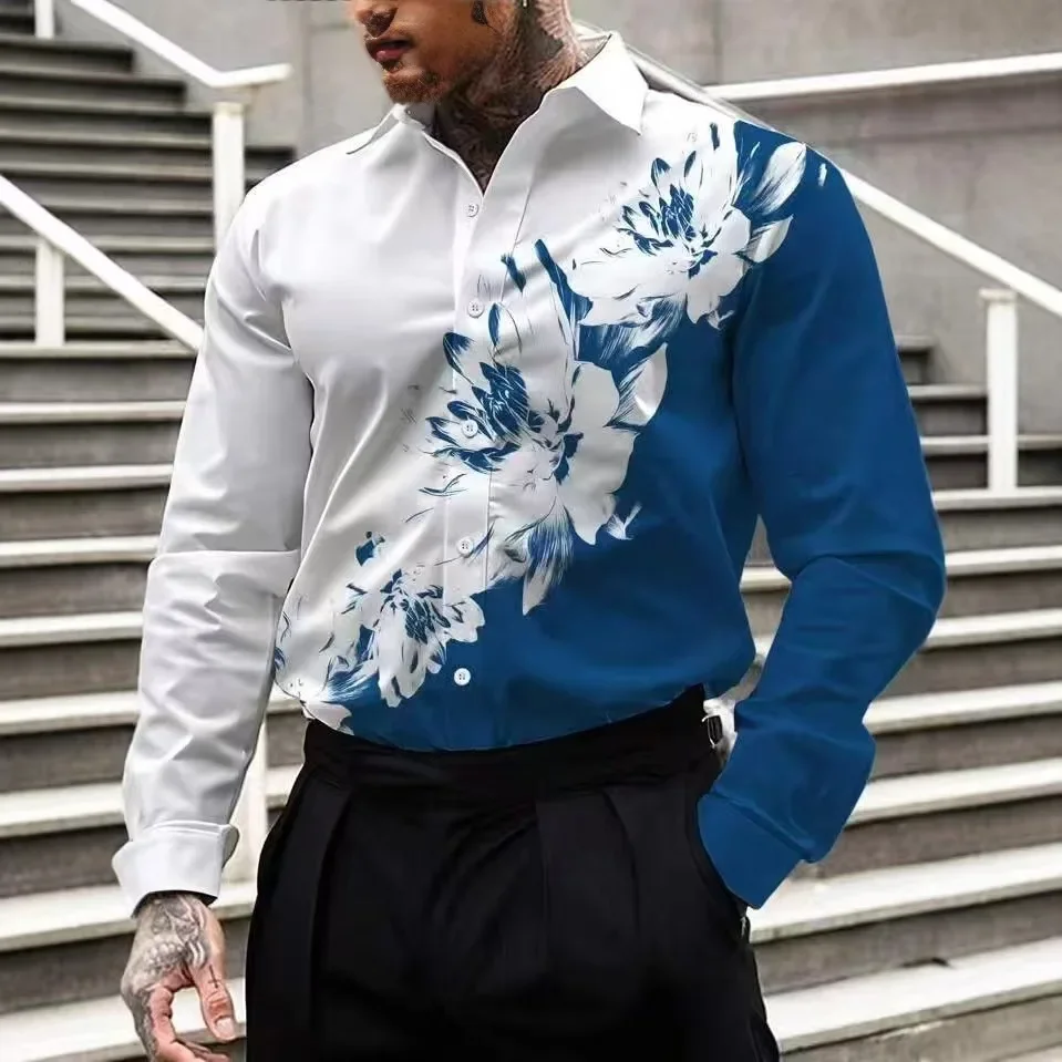 

Men's Classic Simple Lapel Long Sleeve Shirt Button 3D Printed Plant Striped Slim Shirt Business Casual Top Suit Shirt
