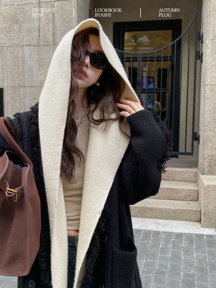 Women's High-end Hooded Fake Two-piece Knitted Cardigan Autumn Winter Lazy Style Loose Casual All-match Mid-length Sweater Coats