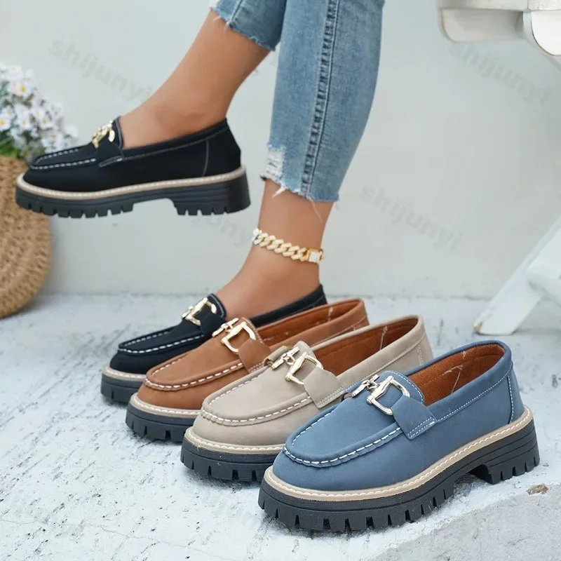 

Women's Loafers Retro Suede Casual Shoes Round Toe Rubber Platform Shoes Classic Shallow Mouth Loafers High Quality Womens Shoes