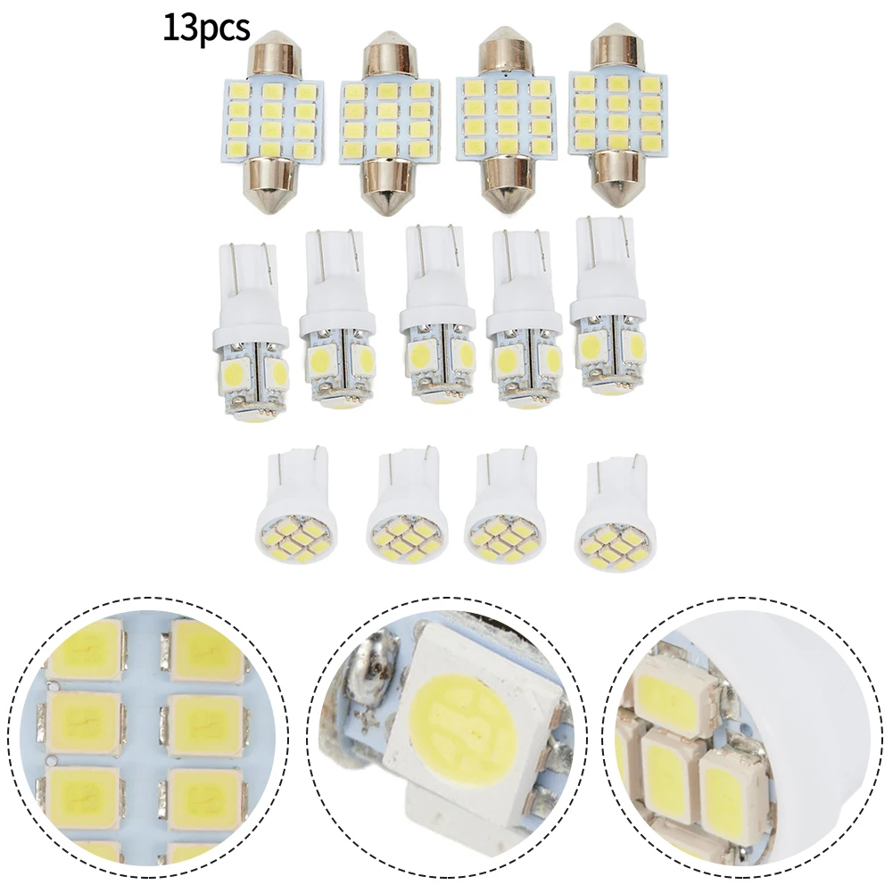 4-T10 8SMD LED Lights 12SMD LED 13pcs 5-T10 5SMD LED Bulb Ceiling Domes License Plate Parts Replacement Set White