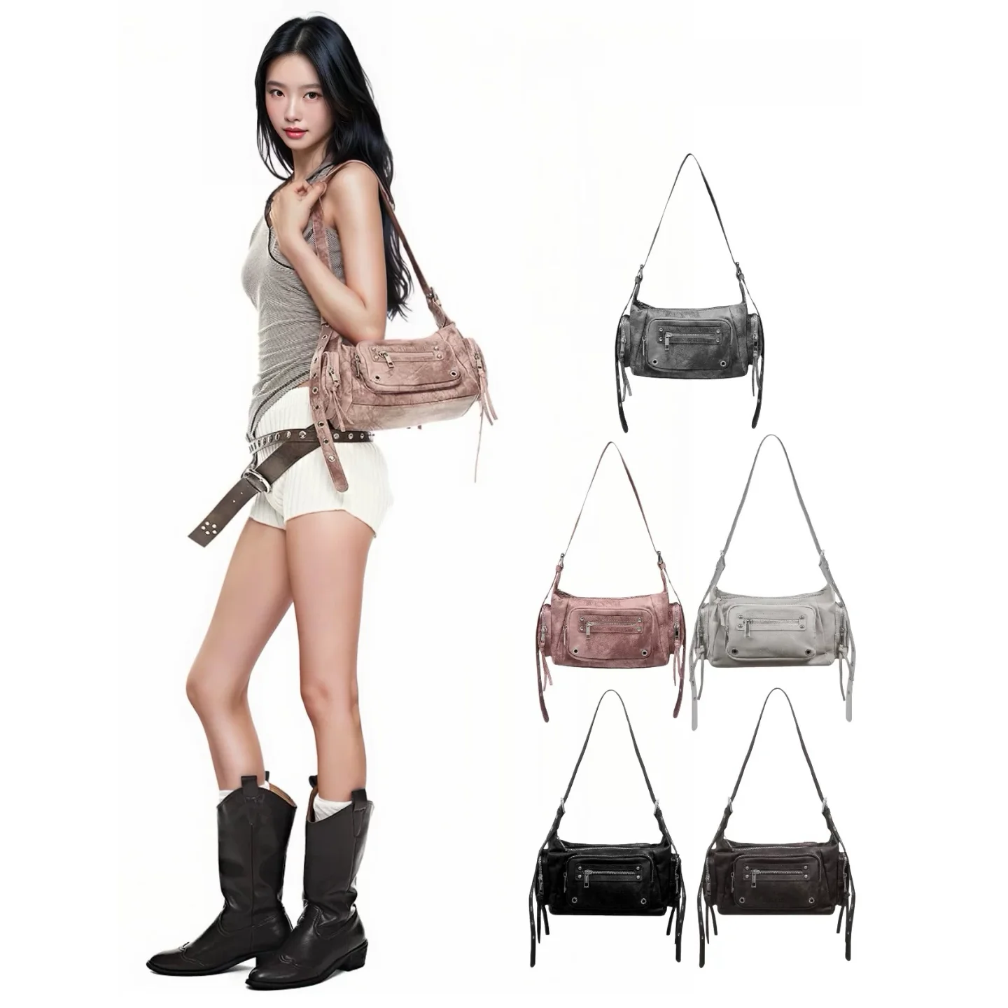 blackpurple-motorcycle-bag-rivet-spicy-girl-commuter-fashion-bag-shoulder-underarm-crossbody-bag-soft-handle-zipper-pocket