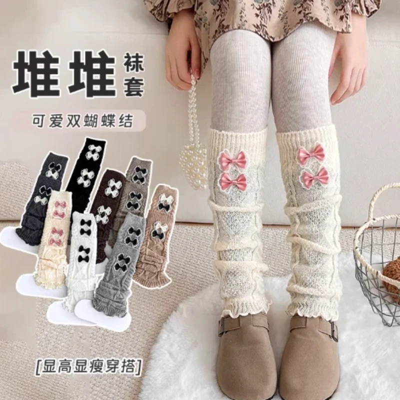 2026 Lolita Bow Leg Warmers for Girls Vertical Striped Knit Cuffs with Lace Trim Cute Kawaii All Season Fashion Sock Sleeves kid