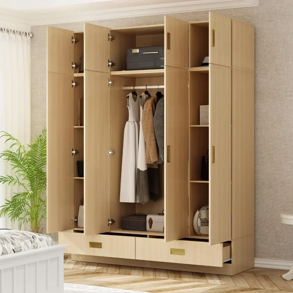 Armoire autoportante pour chambre à coucher, armoire marron clair, 2 étagères de proximité, armoires supérieures