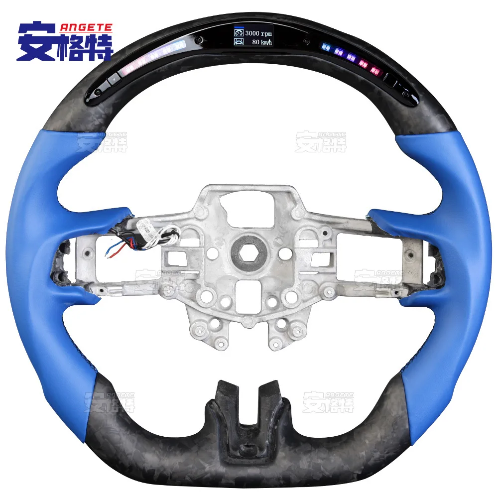 

Applicable to:Suitable for 18-21 Ford Mustang blue leather matte forged carbon fiber LED steering wheel modification customizati