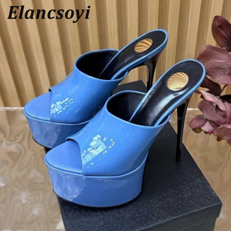 Waterproof table slippers for women shiny leather with exposed toes slim high heels thick soled sandals summer sexy party shoes