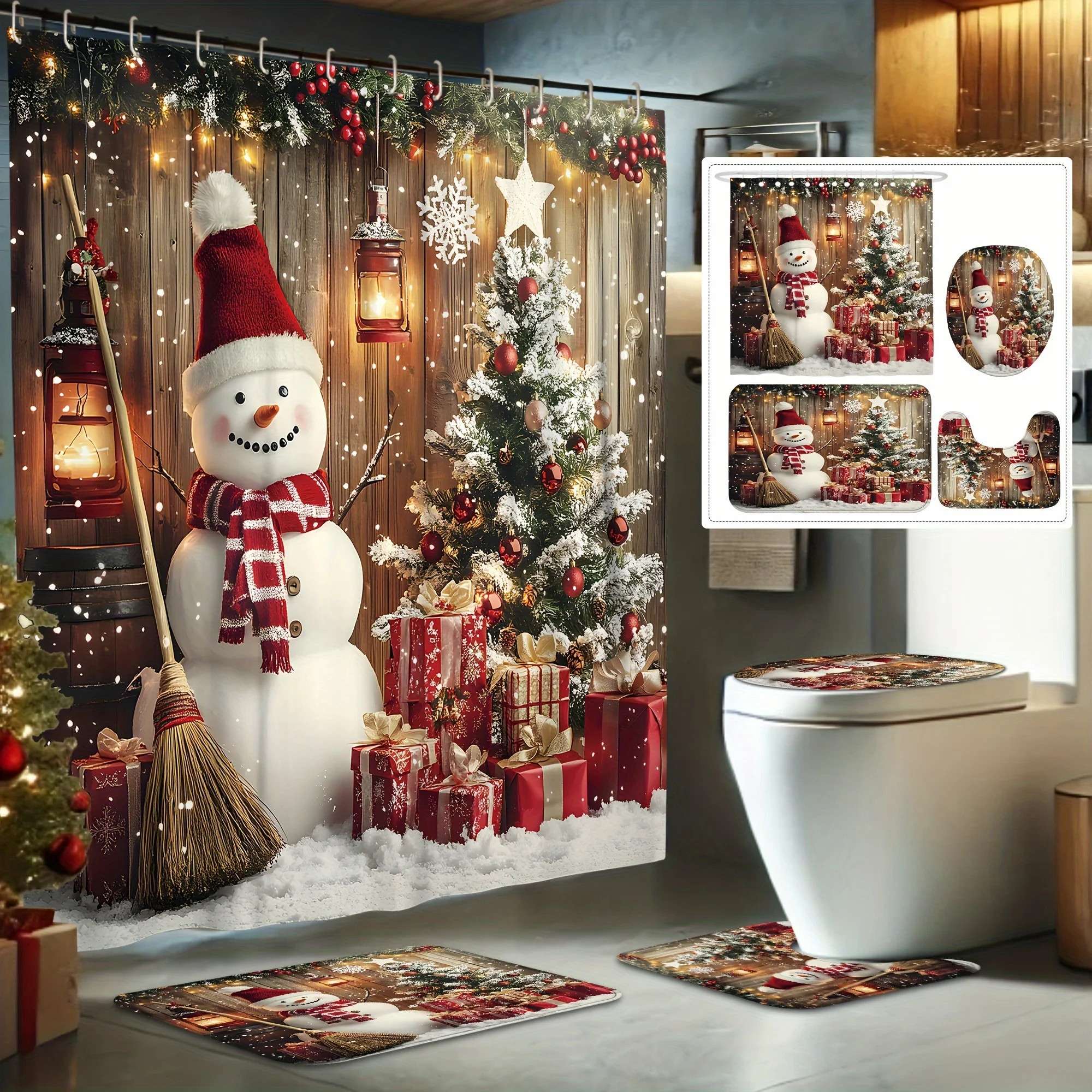 

4 шт., набор занавесок для душа с рождественским снеговиком и нескользящим ковриком и U-образной крышкой для унитаза, праздничный декор для ванной комнаты на Рождество