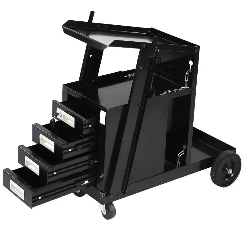 Professional Tool Box Black Iron 4 The Drawer Welder Rolling Welding with Wheels and Tank Storage for Welder and Plasma Cutter