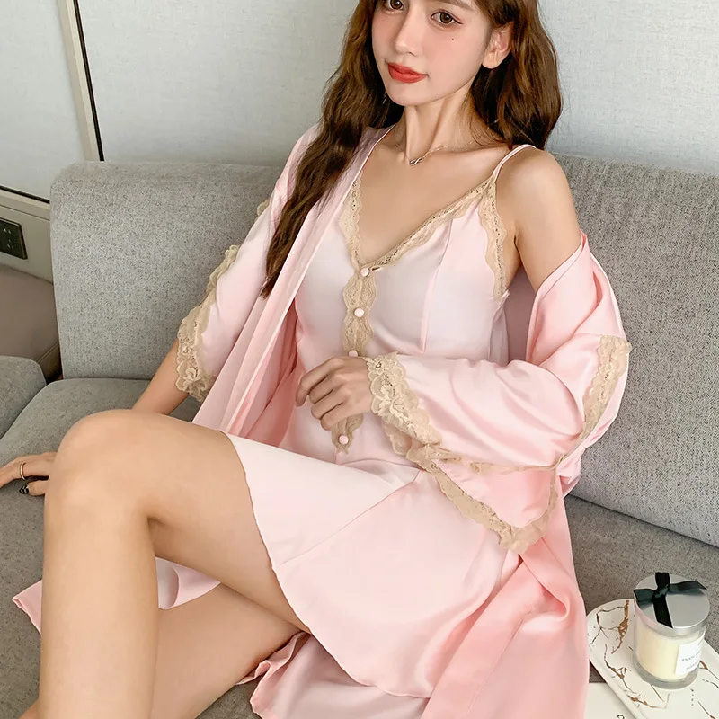 

Female Twinset Robe Set Sexy Pink Wedding Bathrobe Spaghetti Strap Nightdress Summer Loose Silk Satin Home Dress Sleepwear