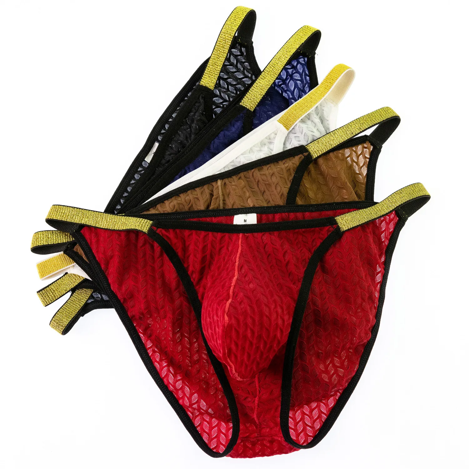 الرجال مثير موجز الجاكار الذهب حافة ملابس داخلية جيدة التهوية مثليون جنسيا المثيرة منخفضة الخصر U محدب الحقيبة عالية شوكة سريعة الجافة الورك رفع Tanga